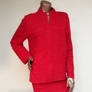 Coldwater Creek Red Wavy Texture Zip Up Cardigan